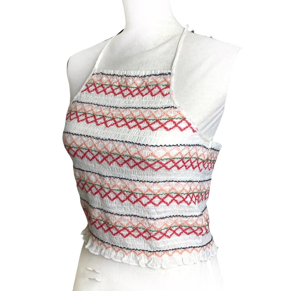 American Eagle Tank Top Smocked Embroidered Stripe Halter Ruffle Trim Crop M